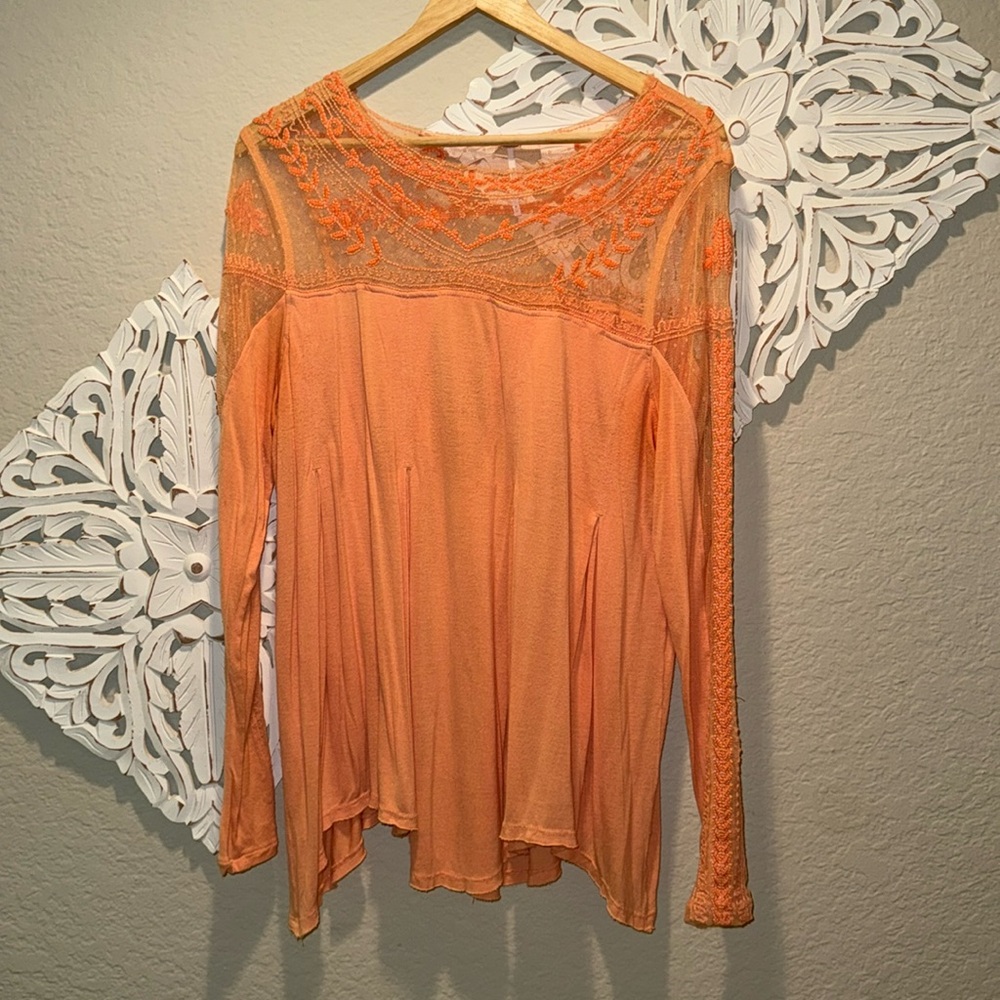 Free People Peach Embroidered Eyelet Top